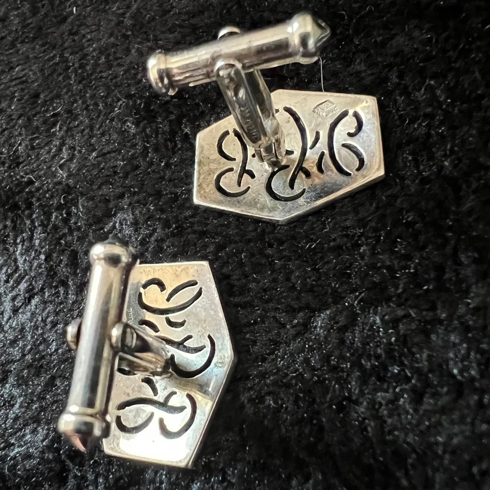 Antique Sterling Silver marcasite Tie bar cufflinks Art Decor monogram set RSG